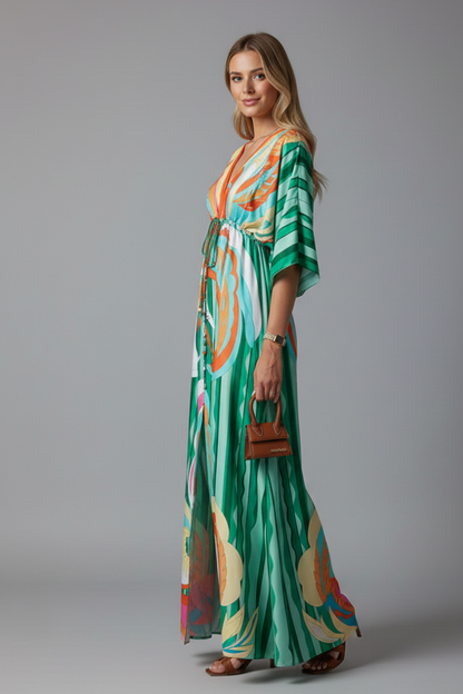 Quiro Printed Maxi Dress with V-Neck & Tie Waist – Batwing Sleeve Loose Fit