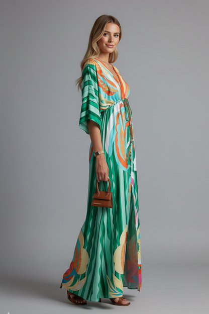 Quiro Printed Maxi Dress with V-Neck & Tie Waist – Batwing Sleeve Loose Fit