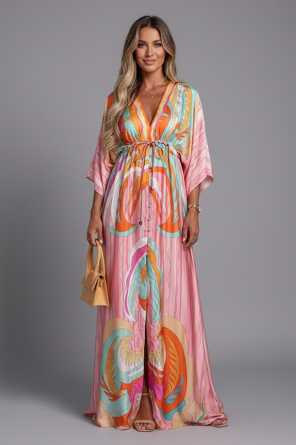 Quiro Printed Maxi Dress with V-Neck & Tie Waist – Batwing Sleeve Loose Fit