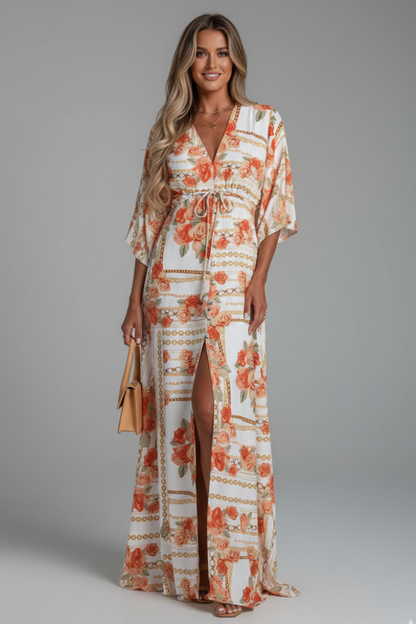 Quiro Printed Maxi Dress with V-Neck & Tie Waist – Batwing Sleeve Loose Fit