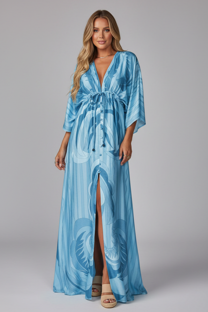 Quiro Printed Maxi Dress with V-Neck & Tie Waist – Batwing Sleeve Loose Fit