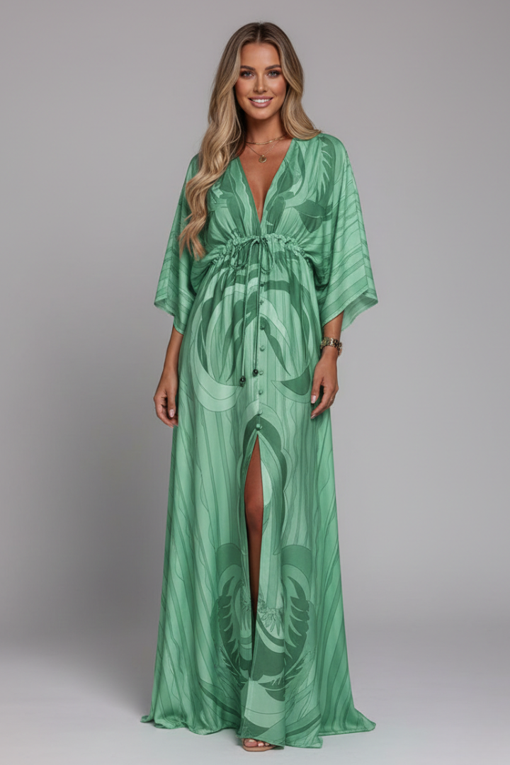 Quiro Printed Maxi Dress with V-Neck & Tie Waist – Batwing Sleeve Loose Fit