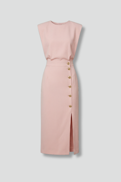 Quiro Sleeveless Midi Dress with Round Neck & Button Slit – Fitted Waist