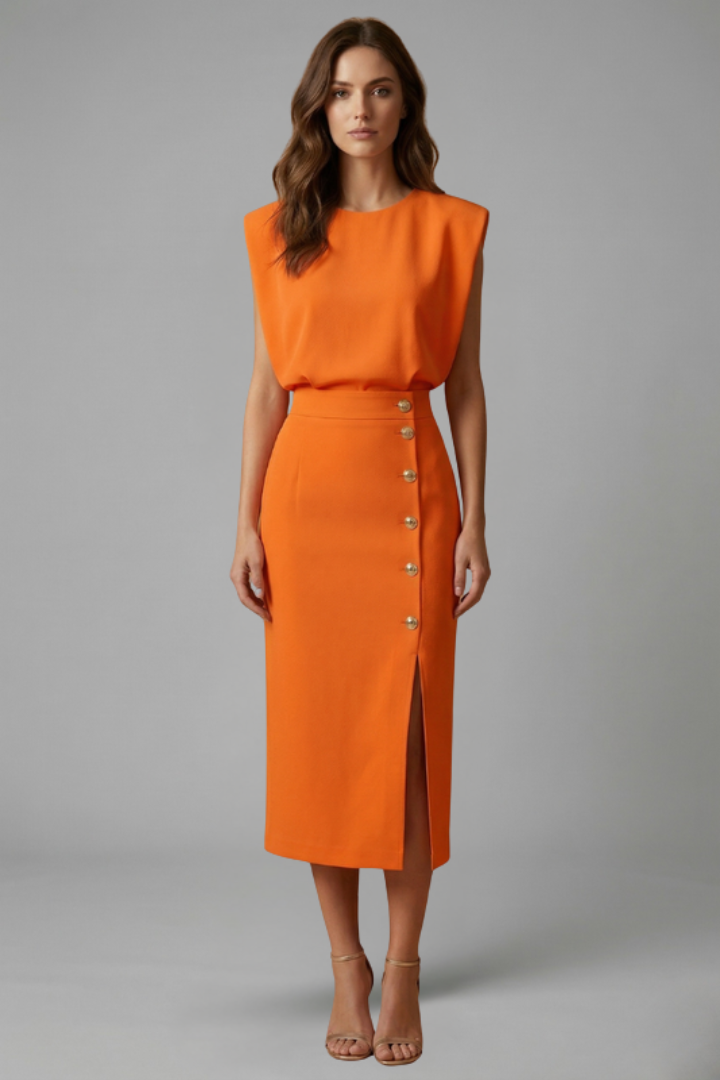 Quiro Sleeveless Midi Dress with Round Neck & Button Slit – Fitted Waist