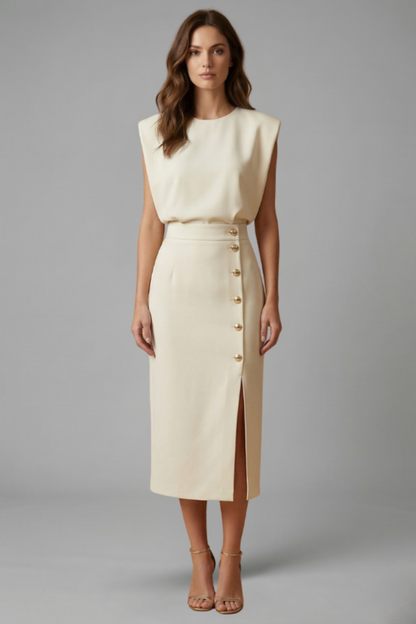 Quiro Sleeveless Midi Dress with Round Neck & Button Slit – Fitted Waist