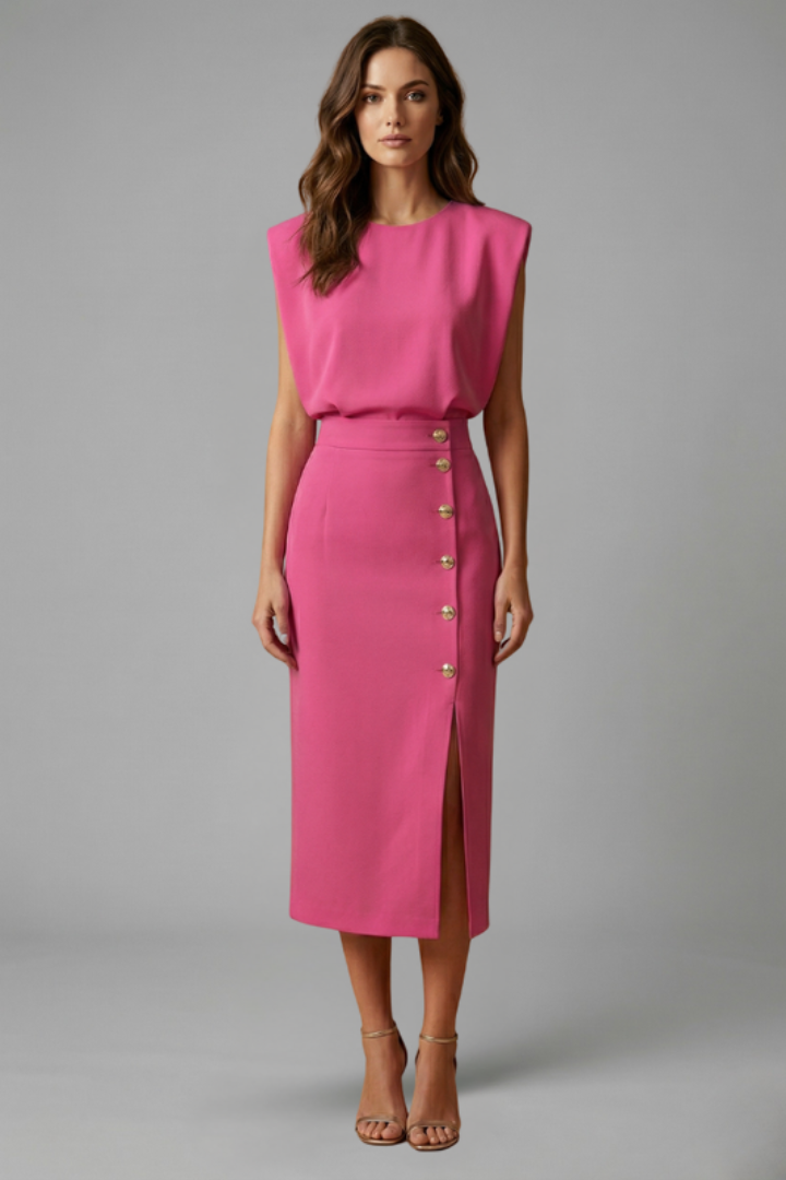 Quiro Sleeveless Midi Dress with Round Neck & Button Slit – Fitted Waist