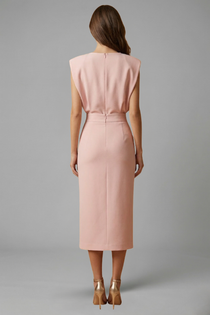 Quiro Sleeveless Midi Dress with Round Neck & Button Slit – Fitted Waist