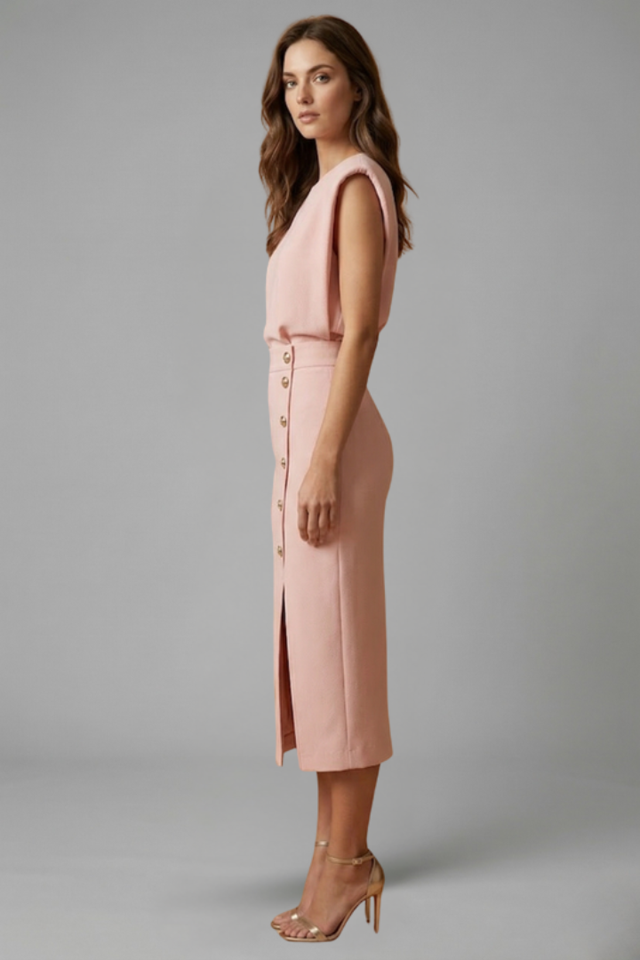 Quiro Sleeveless Midi Dress with Round Neck & Button Slit – Fitted Waist