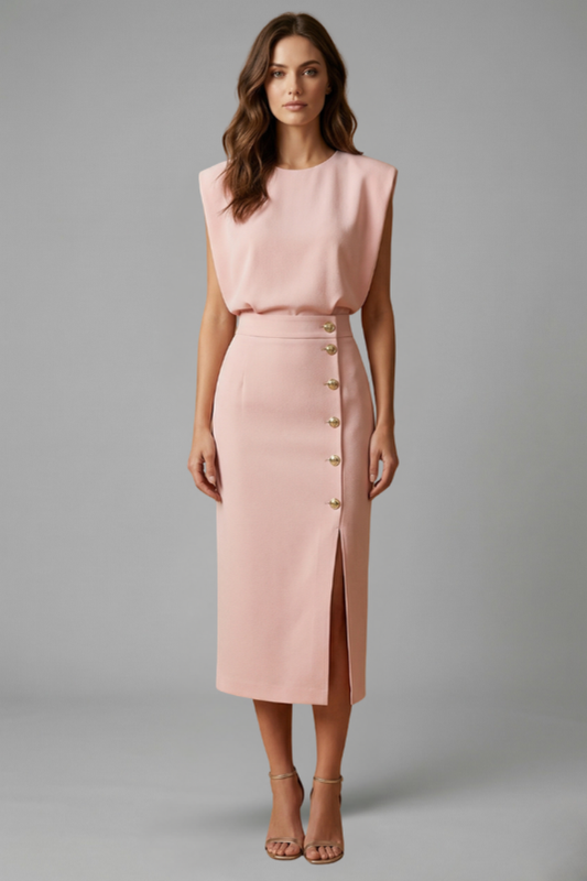 Women’s Midi Dress with Round Neck and Button Slit