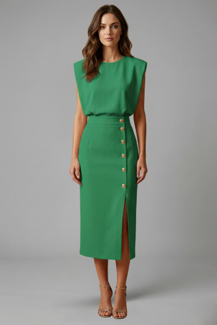 Quiro Sleeveless Midi Dress with Round Neck & Button Slit – Fitted Waist