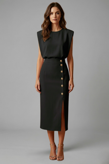 Quiro Sleeveless Midi Dress with Round Neck & Button Slit – Fitted Waist