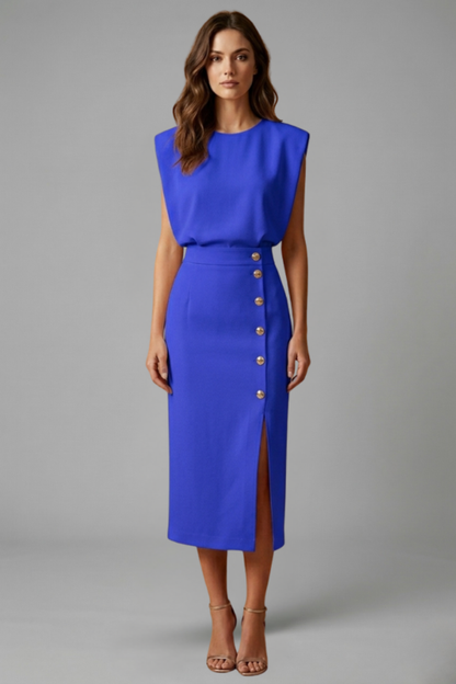 Quiro Sleeveless Midi Dress with Round Neck & Button Slit – Fitted Waist