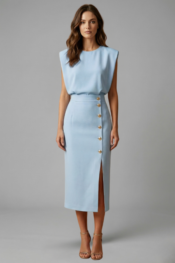 Quiro Sleeveless Midi Dress with Round Neck & Button Slit – Fitted Waist
