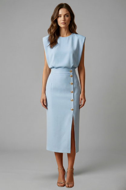 Quiro Sleeveless Midi Dress with Round Neck & Button Slit – Fitted Waist