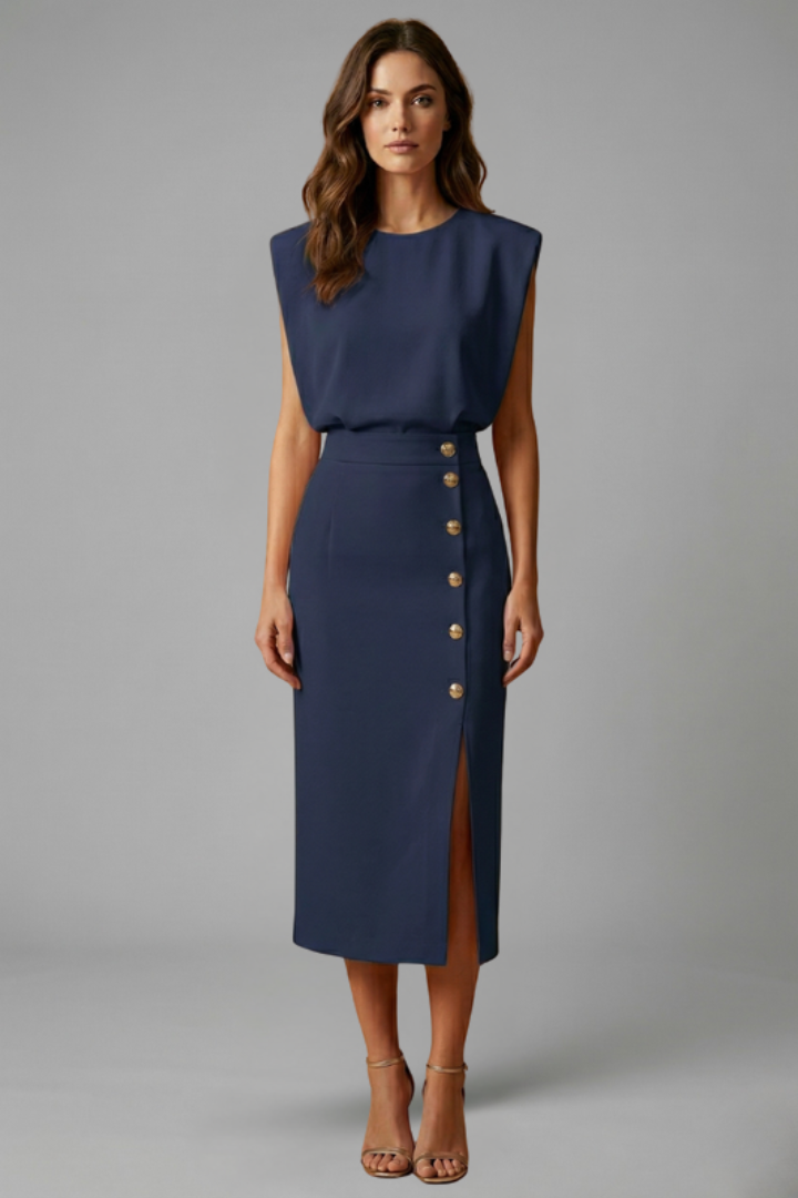 Quiro Sleeveless Midi Dress with Round Neck & Button Slit – Fitted Waist