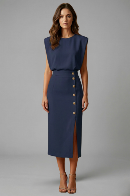 Quiro Sleeveless Midi Dress with Round Neck & Button Slit – Fitted Waist