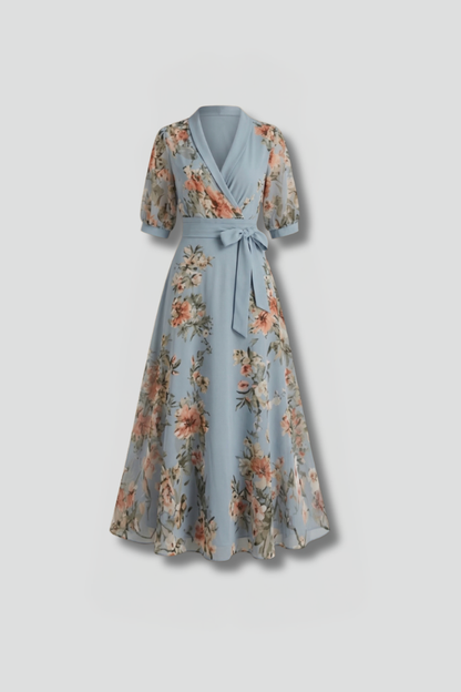 Quiro Floral Midi Dress – V-Neck Short Sleeves, Fitted Waist Stretch