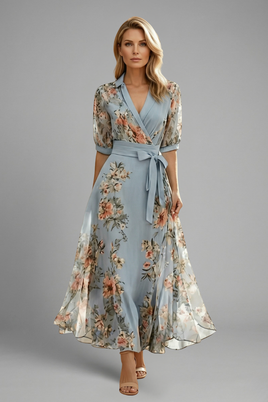 Quiro Floral Midi Dress – V-Neck Short Sleeves, Fitted Waist Stretch