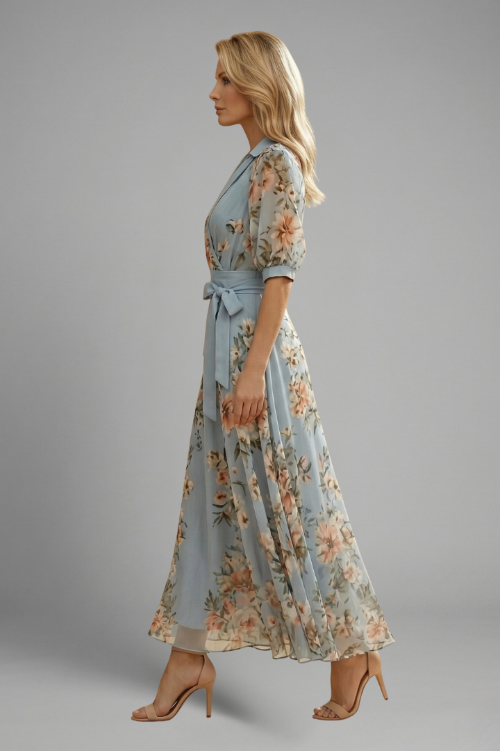 Quiro Floral Midi Dress – V-Neck Short Sleeves, Fitted Waist Stretch