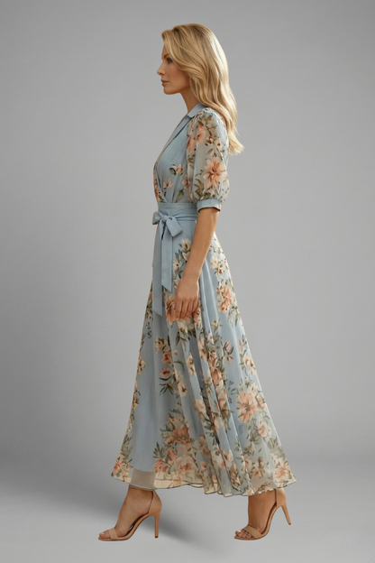 Quiro Floral Midi Dress – V-Neck Short Sleeves, Fitted Waist Stretch