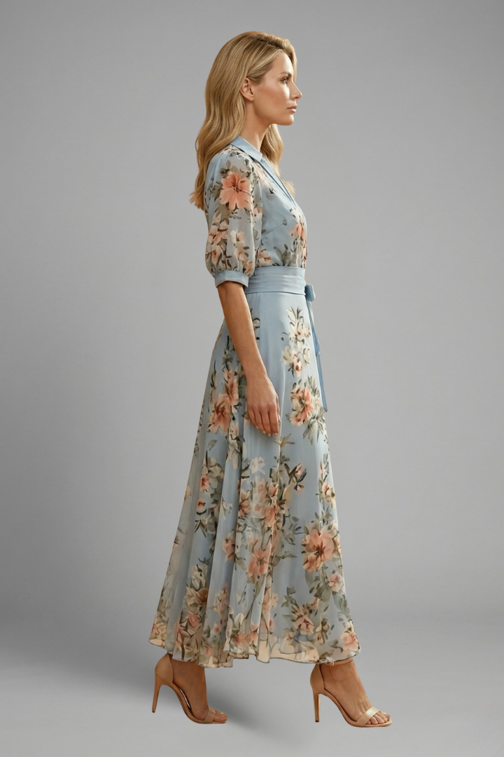 Quiro Floral Midi Dress – V-Neck Short Sleeves, Fitted Waist Stretch
