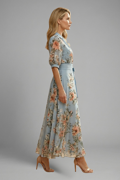 Quiro Floral Midi Dress – V-Neck Short Sleeves, Fitted Waist Stretch