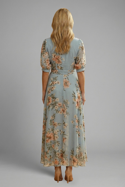Quiro Floral Midi Dress – V-Neck Short Sleeves, Fitted Waist Stretch