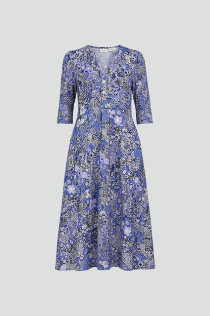 Quiro Printed Midi Dress – V-Neck, Three-Quarter Sleeves for Everyday