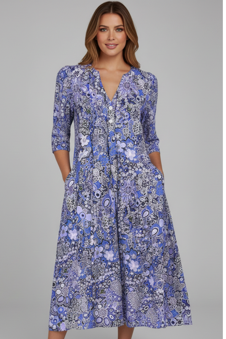 Quiro Printed Midi Dress – V-Neck, Three-Quarter Sleeves for Everyday
