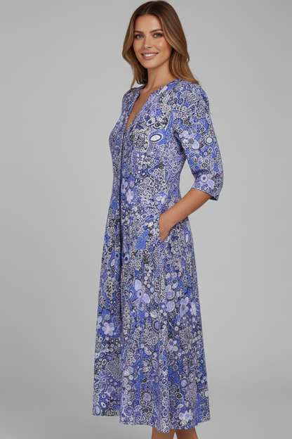 Quiro Printed Midi Dress – V-Neck, Three-Quarter Sleeves for Everyday