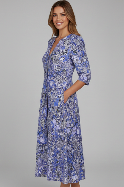 Quiro Printed Midi Dress – V-Neck, Three-Quarter Sleeves for Everyday