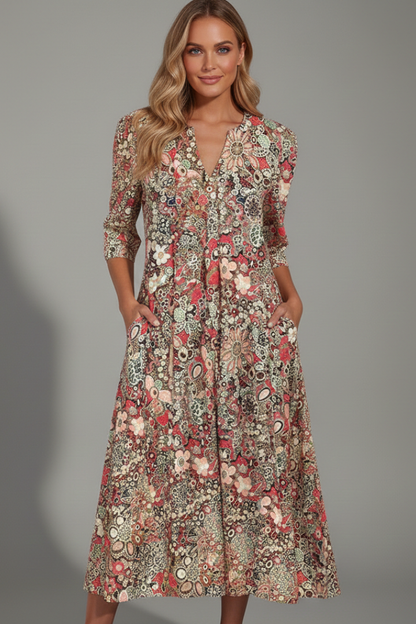 Quiro Printed Midi Dress – V-Neck, Three-Quarter Sleeves for Everyday