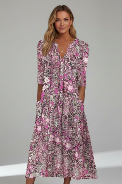 Quiro Printed Midi Dress – V-Neck, Three-Quarter Sleeves for Everyday
