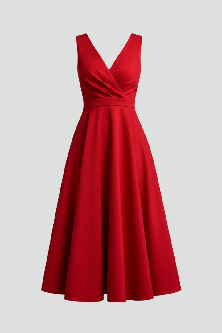 Quiro Sleeveless A-Line Midi Dress with V-Neck & Back Zip