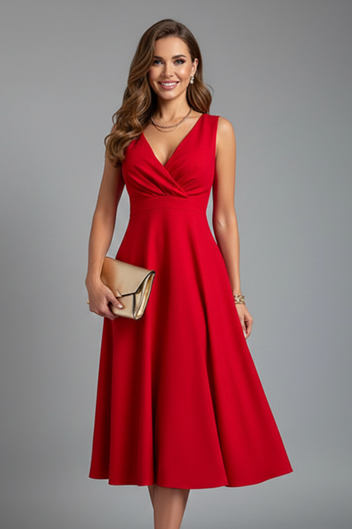 Quiro Sleeveless A-Line Midi Dress with V-Neck & Back Zip