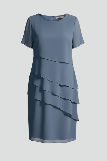 Quiro Short Sleeve Dress with Layered Front Panel – Knee-Length Straight Fit
