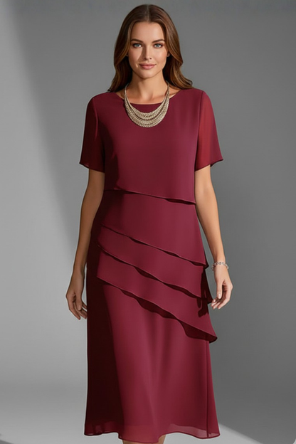 Quiro Short Sleeve Dress with Layered Front Panel – Knee-Length Straight Fit