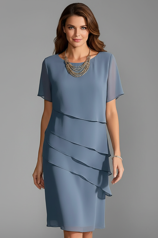 Quiro Short Sleeve Dress with Layered Front Panel – Knee-Length Straight Fit
