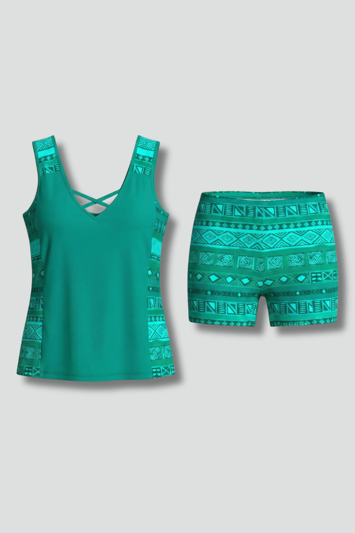 Quiro V-Neck Tankini Set with Shorts – Flattering Two-Piece Swimwear
