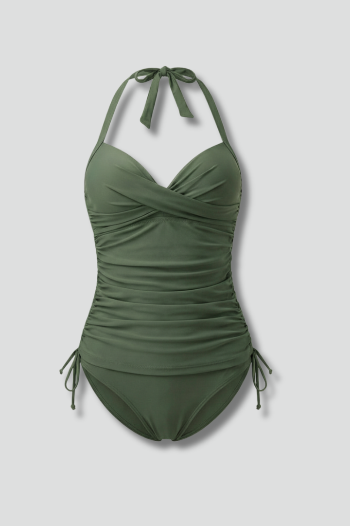 Quiro V-Neck Tankini with Ruched Sides – Adjustable Halter Fit for Summer