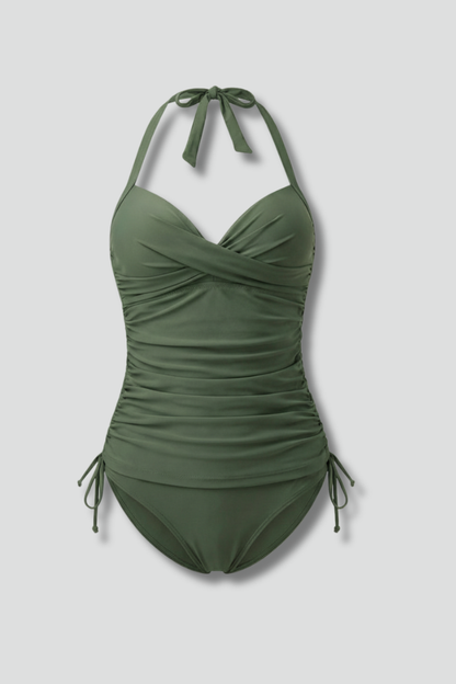 Quiro V-Neck Tankini with Ruched Sides – Adjustable Halter Fit for Summer