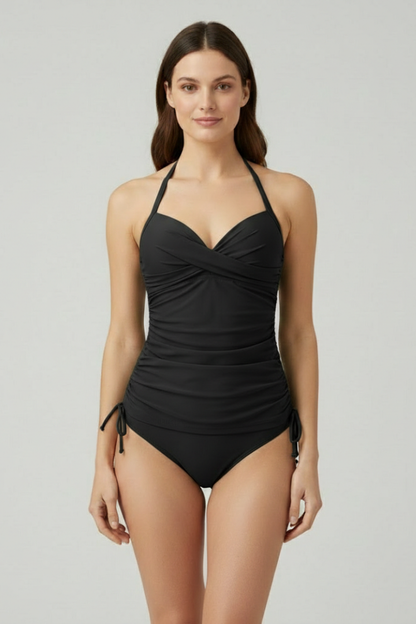 Quiro V-Neck Tankini with Ruched Sides – Adjustable Halter Fit for Summer