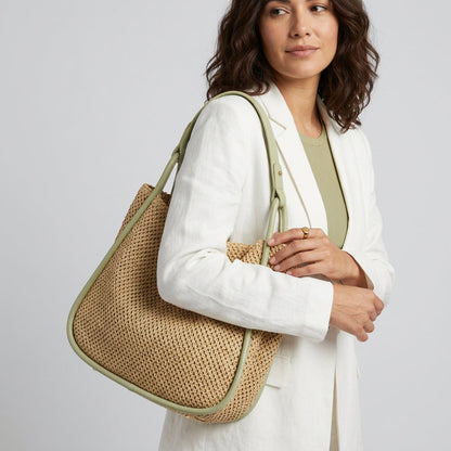 Quiro Celeste Straw Tote Bag – PU Leather Trim for Chic Summer Carry