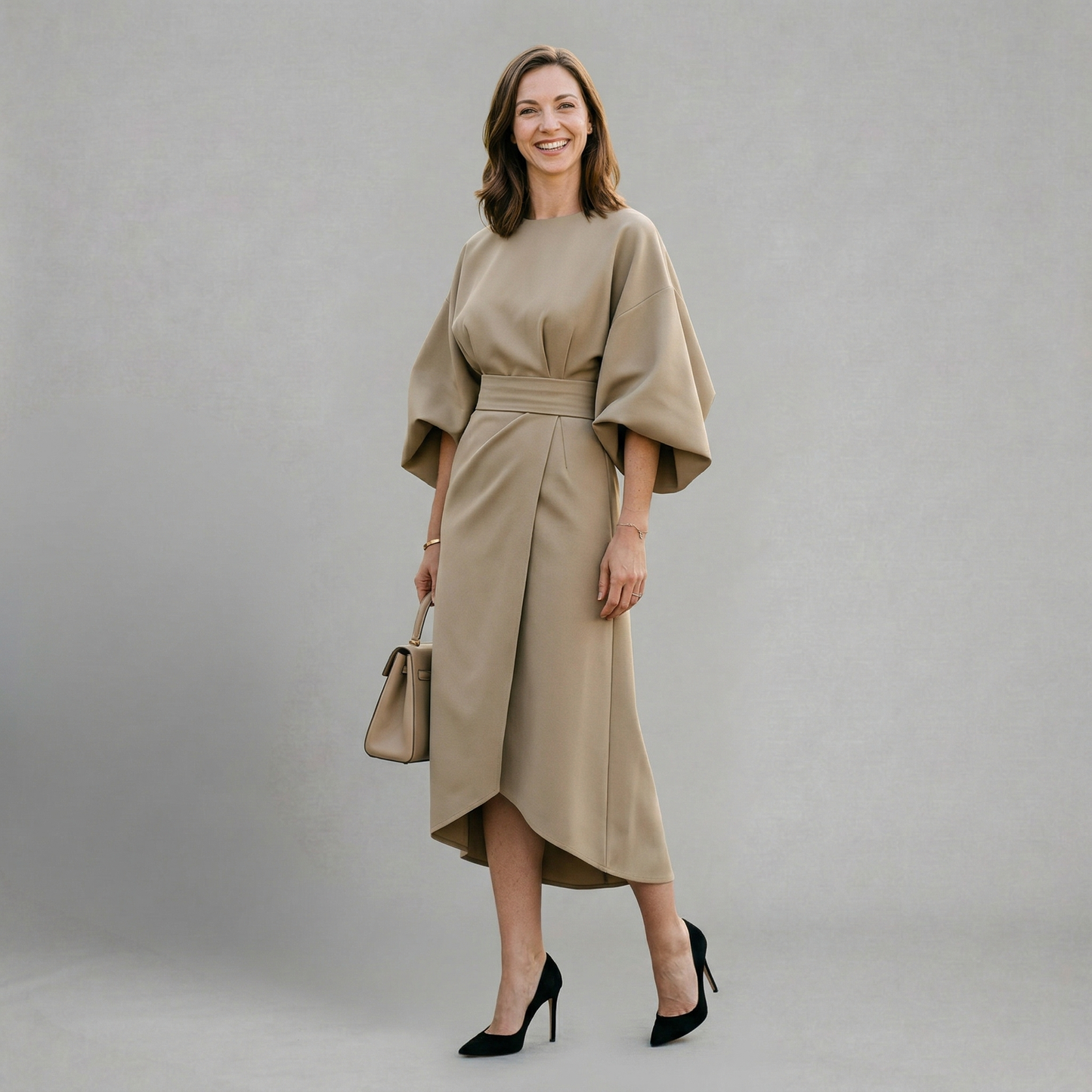 Quiro Savannah Midi Dress with Statement Sleeves – Refined Silhouette for Evenings