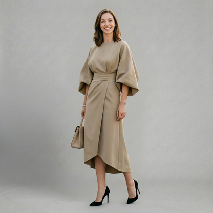 Quiro Savannah Midi Dress with Statement Sleeves – Refined Silhouette for Evenings