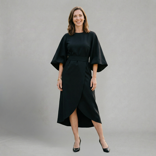 Savannah - Sophisticated Midi Dress with Bold Statement Sleeves and a Sleek, Refined Silhouette