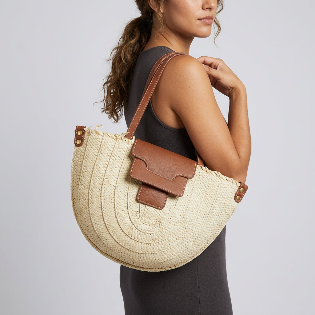 Quiro Elodie Canvas Tote Bag – Straw & PU Leather Trim Summer Carryall