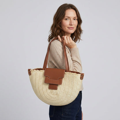 Quiro Elodie Canvas Tote Bag – Straw & PU Leather Trim Summer Carryall