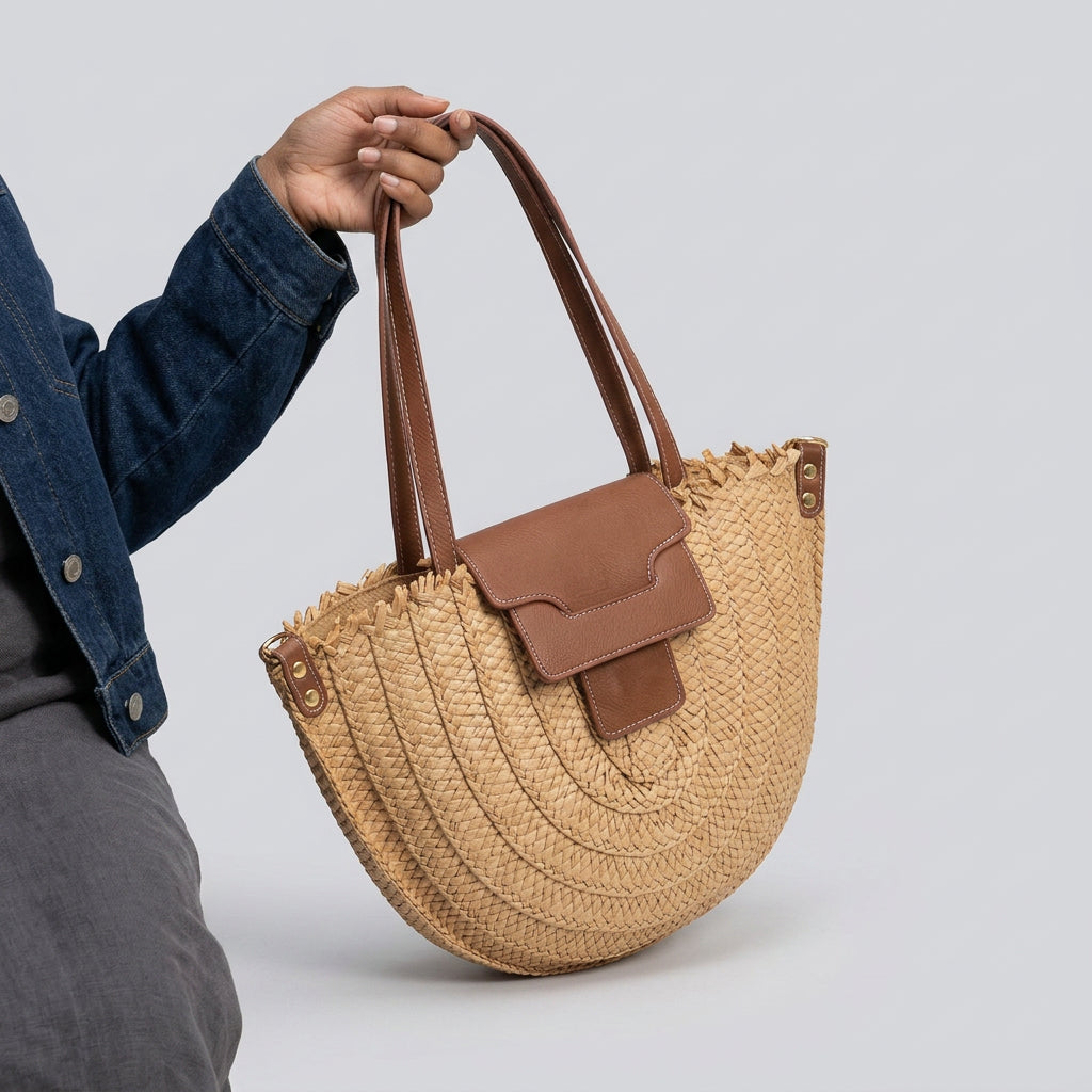 Quiro Elodie Canvas Tote Bag – Straw & PU Leather Trim Summer Carryall